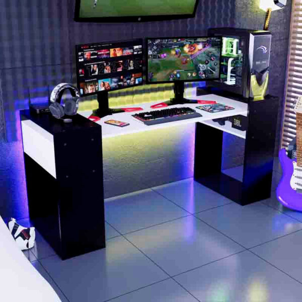 Escritorio Gamer NR 04 180cm Movenda Negro con Blanco